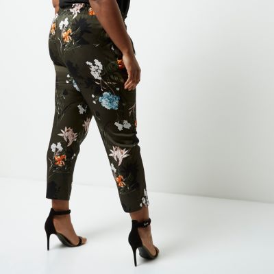 Plus khaki green floral tapered trousers